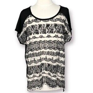 Bobeau Sheer Lace Blouse Black and Cream Boxy Oversized Lightweight Top